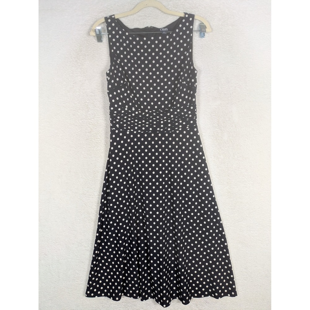 Chaps A-Line Dress Women's Small Navy Polka Dot Ruched Sleeveless Midi